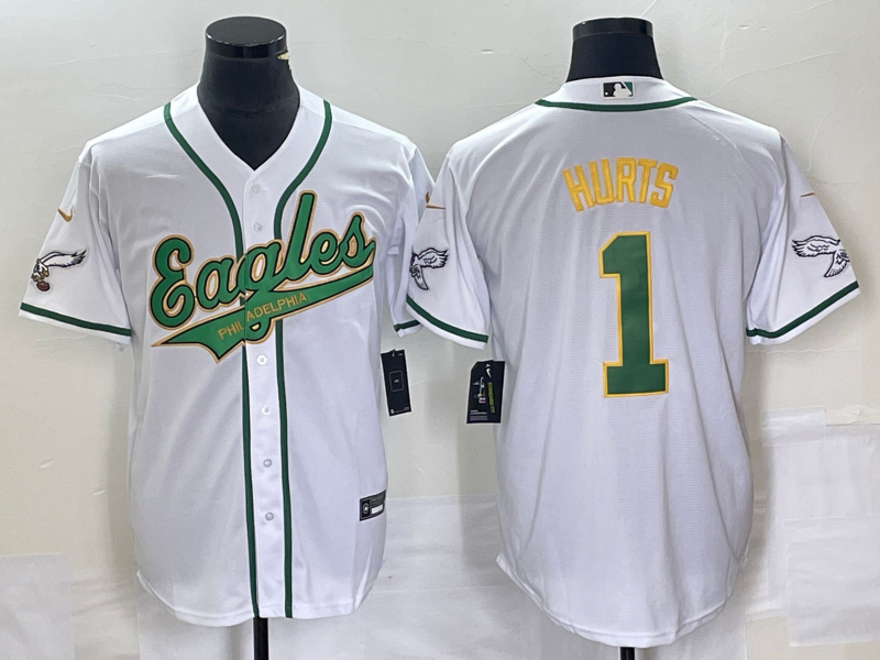 Philadelphia Eagles #1 Jalen Hurts White Gold Cool Base Stitched Baseball Jersey